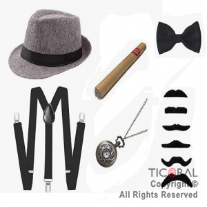 SET DISFRAZ INVESTIGADOR SOMBRERO TIRADORES, MOO,RELOJ DE BOLSILLO Y CIGARRO x 1